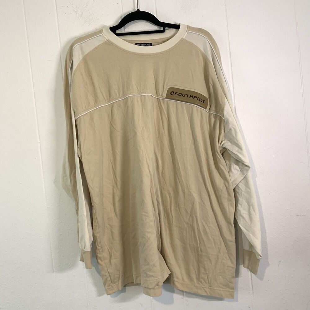 Vtg South Pole Mens XL Shirt USA Cream Long Sleeve Crew Neck Y2K 90s